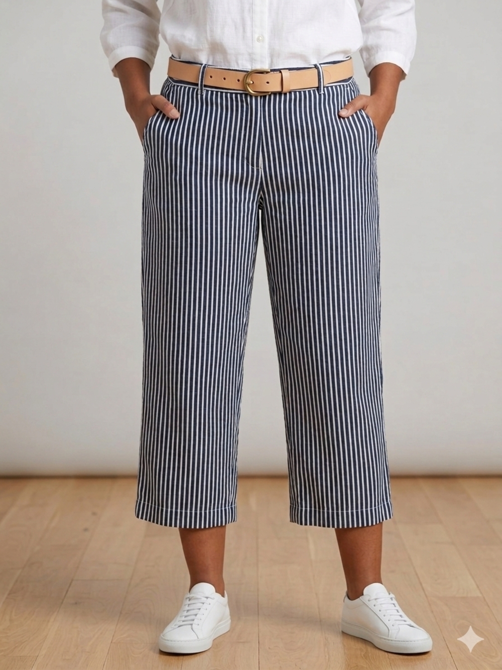 Liz Claiborne Striped Linen Blend Cropped Pants XL Coastal Navy White